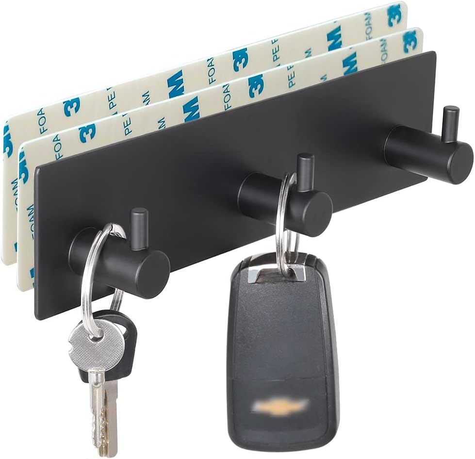 VIRFIN Key Holder for Wall with 2 Self-Adhesive Tapes. No Damage Key Holder Rack for Wall with 3 Key Hooks for Entryway. Door. Bathroom. Kitchen(Black)