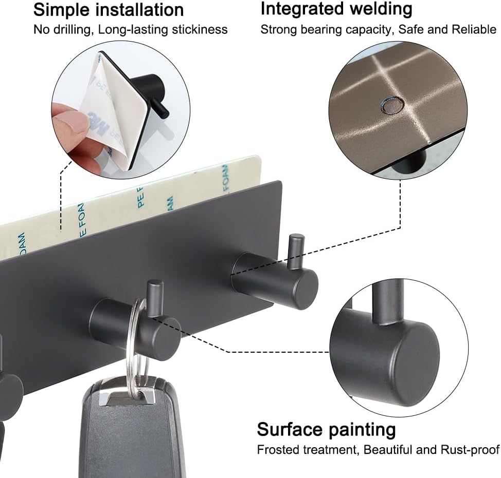 VIRFIN Key Holder for Wall with 2 Self-Adhesive Tapes. No Damage Key Holder Rack for Wall with 3 Key Hooks for Entryway. Door. Bathroom. Kitchen(Black) - Image 2