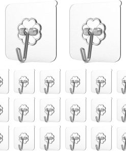 Adove Adhesive Hooks for Hanging. Heavy Duty Wall Hooks 20 Pack. Removable Sticky Ceiling Hooks. Transparent Self Adhesive Shower Hooks. Water & Oil Proof Strong 22lb(Max) Door Coat Hooks